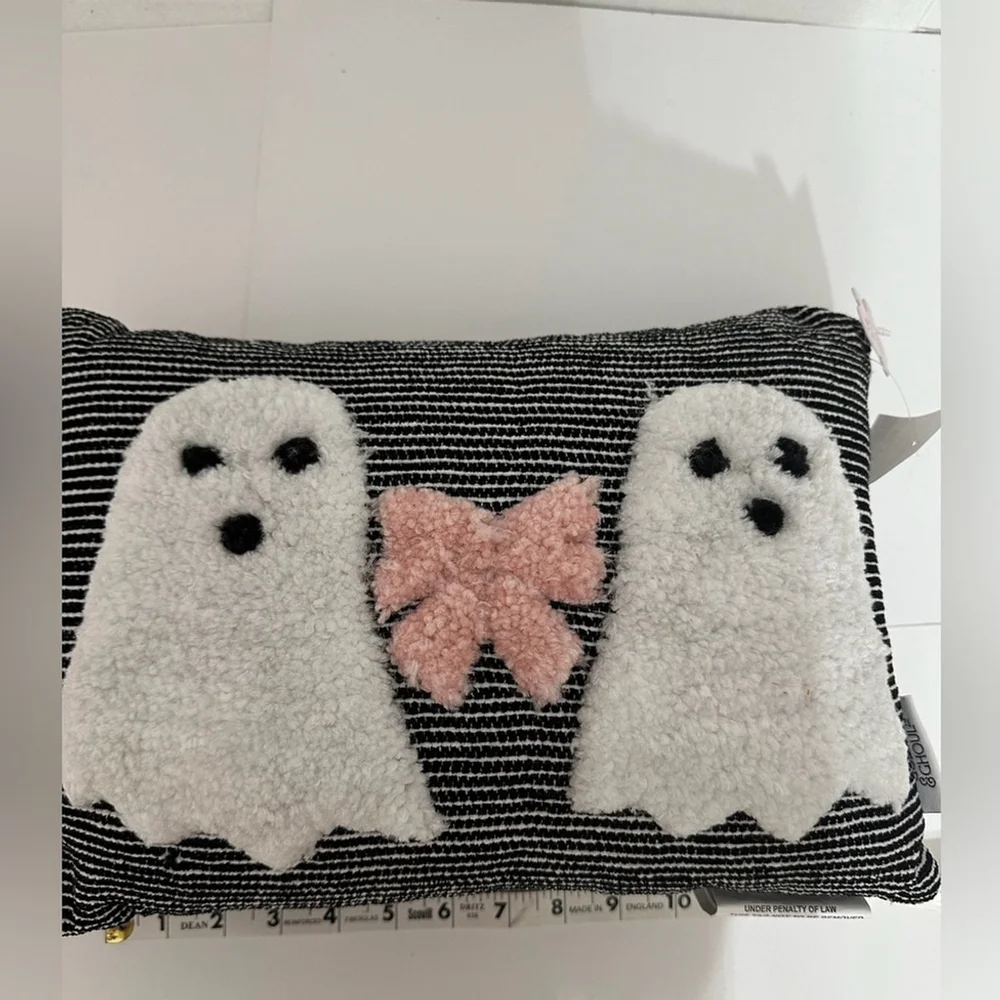 NWT Goblin & Ghoul Ghost Bow Black White Striped Decorative Throw Pillow Kitschy